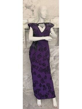 Vintage Alyce Designs Purple Beaded Sequin Evening Gown Open Back Size 10